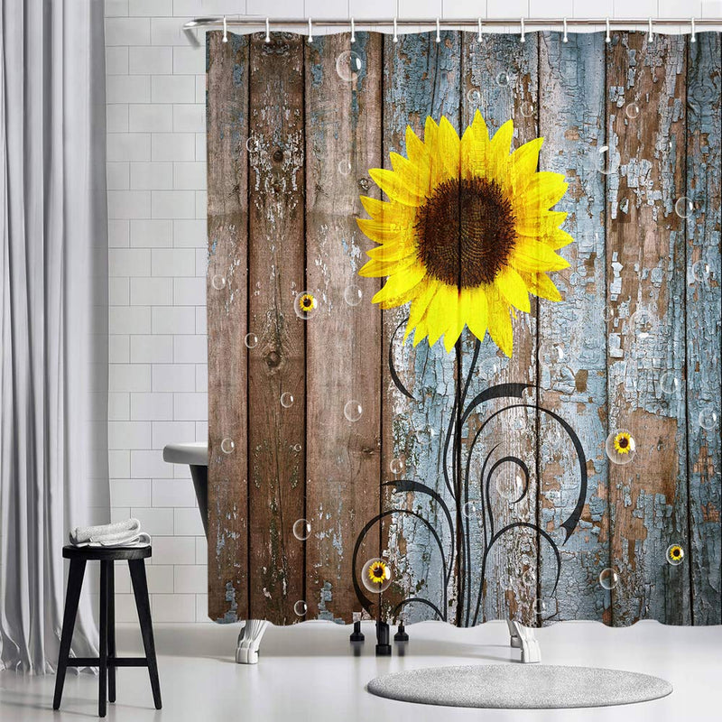 Rustic Sunflower Shower Curtain, Farmhouse Country Floral Flower on Rustic Rural Barn Wooden Fabric Shower Curtain, Yellow Brown Bathroom Curtains with Hooks Sets, 69x70inches 69x72inches - NewNest Australia