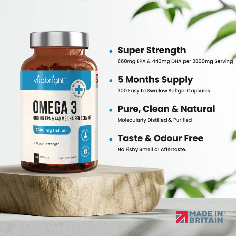 Omega 3 Pure Fish Oil 2000mg - 300 Softgel Capsules (5 Months Supply) - 660mg EPA & 440mg DHA per Serving - Supports Brain, Heart Function and Eye Health - Made in The UK by VitaBright - NewNest Australia