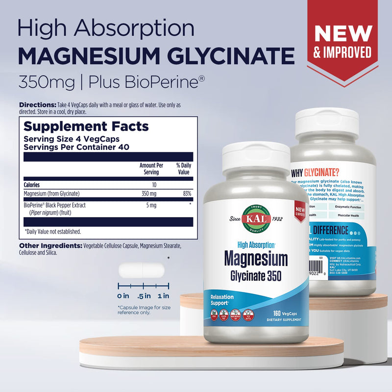 KAL Magnesium Glycinate High Absorption, Healthy Relaxation, Muscle Function & Bone Support, New & Improved (160 Count) 160 Count - NewNest Australia