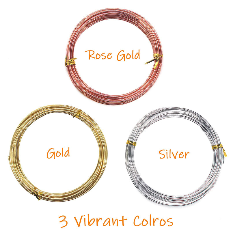 Cinvo 3 Rolls Craft Wire Jewelry Beading Wire Flexible Aluminum Wire Tarnish Resistant for DIY Jewelry Craft Making (12 Gauge/2mm Thick, Silver, Gold and Rose Gold) 2mm round wire - NewNest Australia