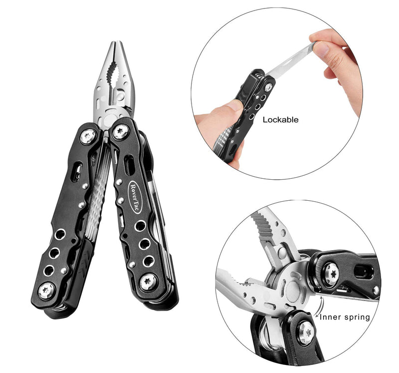 RoverTac Multitool Pocket Knife Camping Tool Fishing Pliers Safety Lock 12 in 1 Knife Screwdriver Bottle Opener Saw Durable Sheath Unique Gifts for Men Women Black - NewNest Australia