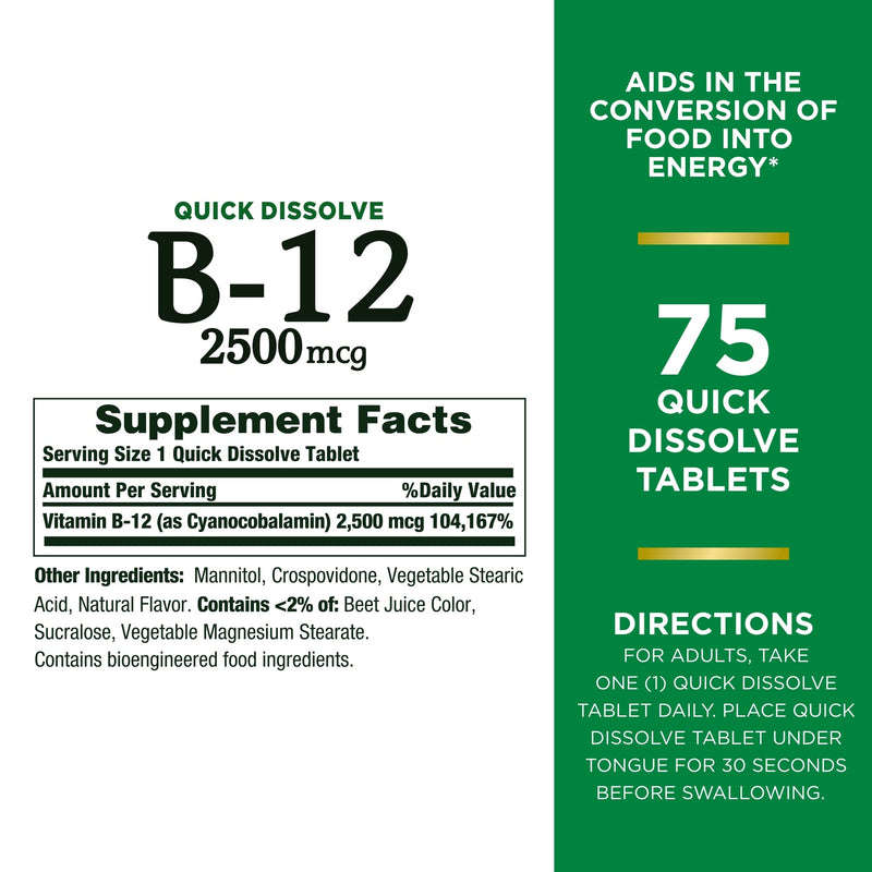 Nature’s Bounty Vitamin B12 2500 mcg, Cellular Energy Support, For Energy Metabolism, Heart & Nervous System Health, 75 Quick Dissolve Tablets - NewNest Australia