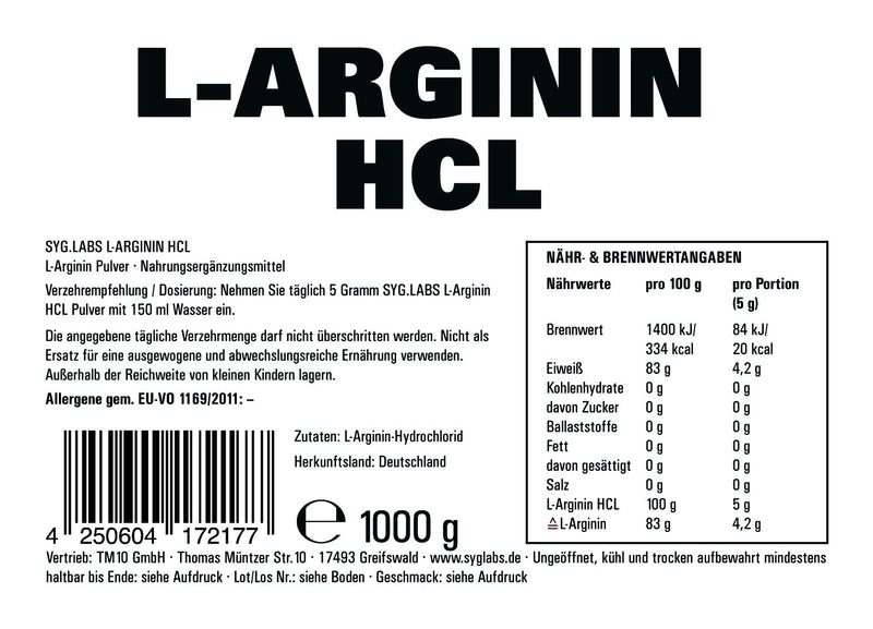 L-Arginine HCL - 1000g powder premium L-arginine hydrochloride - through fermentation - without additives - vegan 1 kg (pack of 1) - NewNest Australia