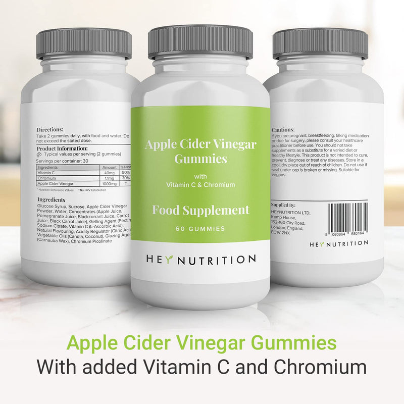 Hey Nutrition Apple Cider Vinegar Gummies Supplement - Vitamin C & Chromium - Support Skin Health, Metabolic Function & Immune Health - Vegan, Non-GMO, No Artificial Flavours - 60 Gummies - NewNest Australia