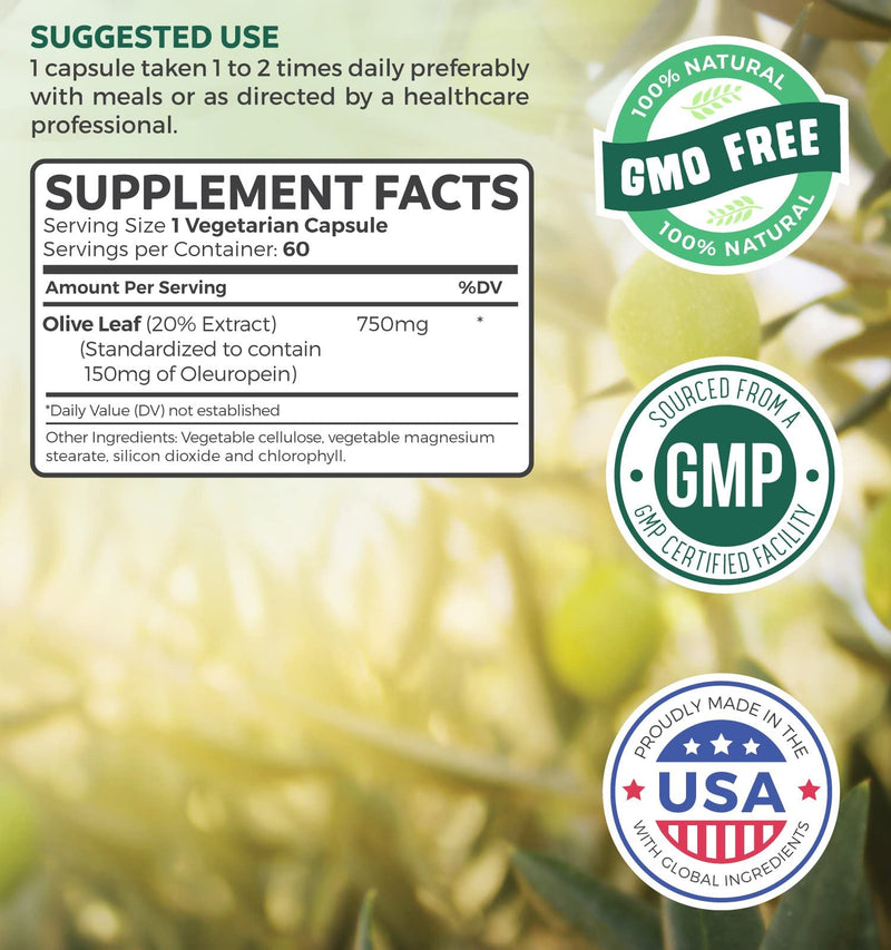 Olive Leaf Extract (Non-GMO) Super Strength: 20% Oleuropein - 750mg - Vegetarian - Immune Support, Cardiovascular Health & Antioxidant Supplement - No Oil - 60 Capsules - NewNest Australia