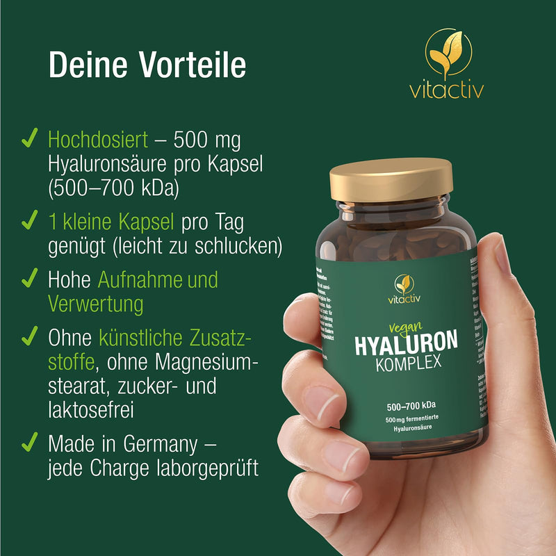 Vitactiv Hyaluronic Complex - Hyaluronic Capsules High Dose, 500 Mg Hyaluronic Acid - 500-700 Kda, Vegan - With Vitamin C, Zinc, Manganese, Copper, Biotin And Much More - Laboratory Tested, From - NewNest Australia