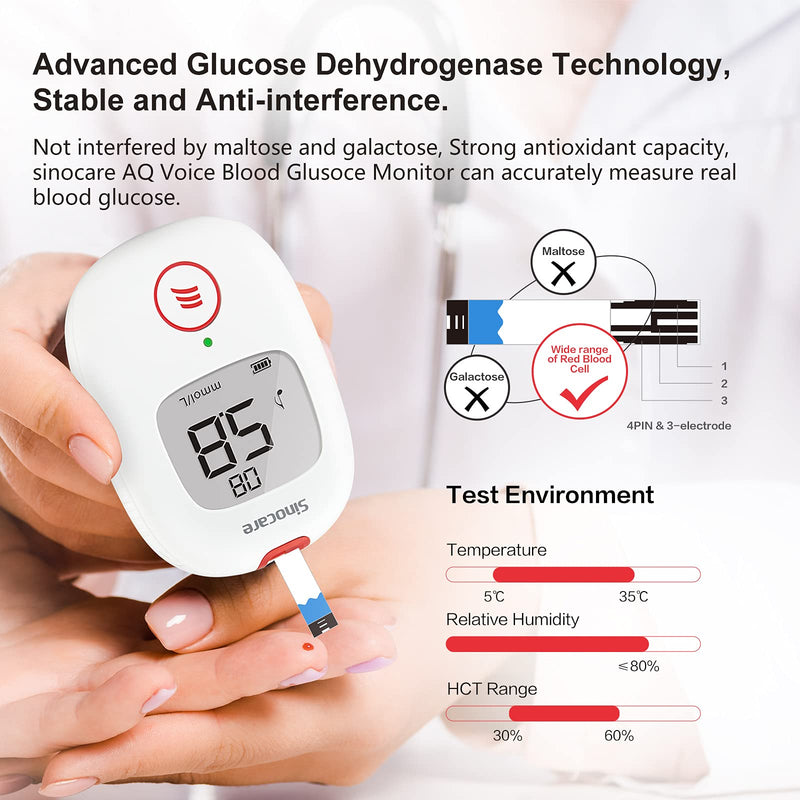 sinocare Diabetes Testing Kit/Blood Glucose Monitor Safe AQ Voice/Glucometer with Voice Reminder and Light Warning/Blood Sugar Test with Strips x 25 & Case -in mmol/L Safe AQ Voice glucose kit x25 - NewNest Australia