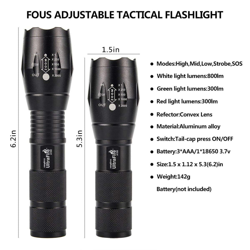 UltraFire A100 Tactical Flashlight, 900 Lumens 5 Modes LED Zoomable Hunting Flashlight Torch with Duty Belt Flashlight Holster, UFB26 Rechargeable Battery, Red/Green/White Exchange Glass - NewNest Australia