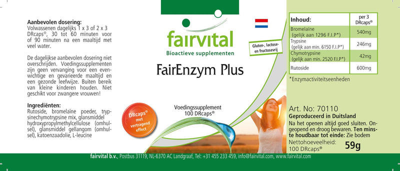 Fairvital | FairEnzym Plus - Multi Enzyme Complex - with Rutoside, Bromelain, Trypsin & Chymotrypsin HIGH DOSE - 100 DRCaps™ - NewNest Australia