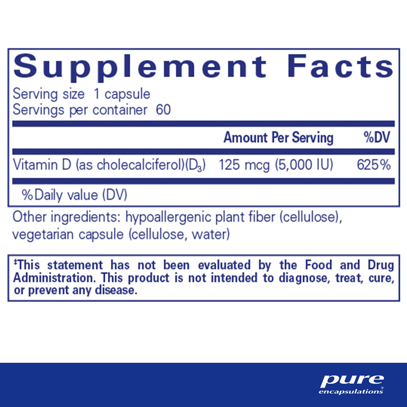 Pure Encapsulations Vitamin D3 125 mcg (5,000 IU) | Supplement to Support Bone, Joint, Breast, Prostate, Heart, Colon and Immune Health* | 60 Capsules 60 Count (Pack of 1) - NewNest Australia