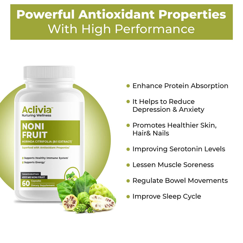 Aclivia Noni Fruit Capsules – Immune Support Supplement, Antioxidant Superfood Energy Booster, Promotes Healthier Skin, Hair & Nails, Joints & Brain Support, 4000mg Morinda citrifolia Extract Capsules - NewNest Australia