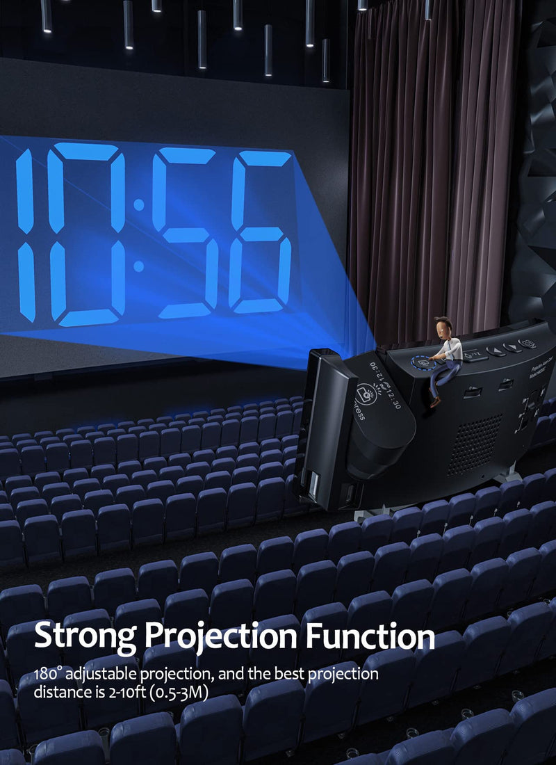 Alarm Clock for Bedroom, FM Clock Radio with 180° Rotatable Projector, Adjustable Brightness for Screen and Projection, Large LED Display, Dual Alarms, 3-Level Volume, Digital Clock with USB Charger - NewNest Australia