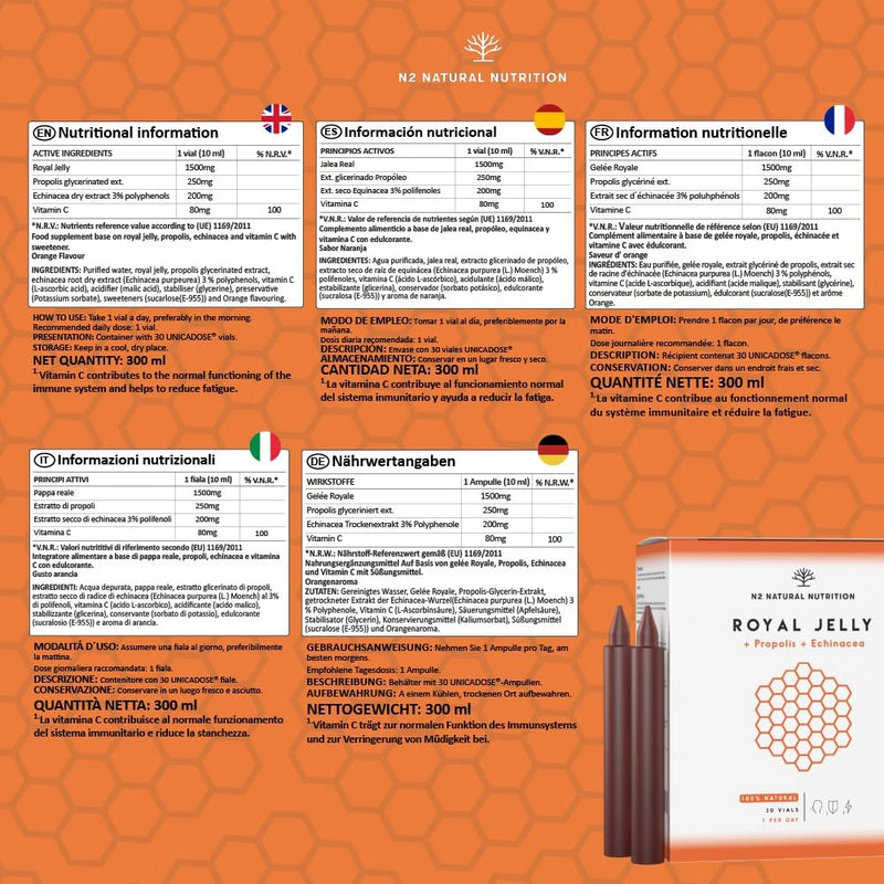 Pure royal jelly with propolis + vitamin C + echinacea. 60 days. 2000MG. Reduces fatigue and other symptoms, increases energy, vitality and strengthens metabolism. CE. N2 Natural Nutrition - NewNest Australia