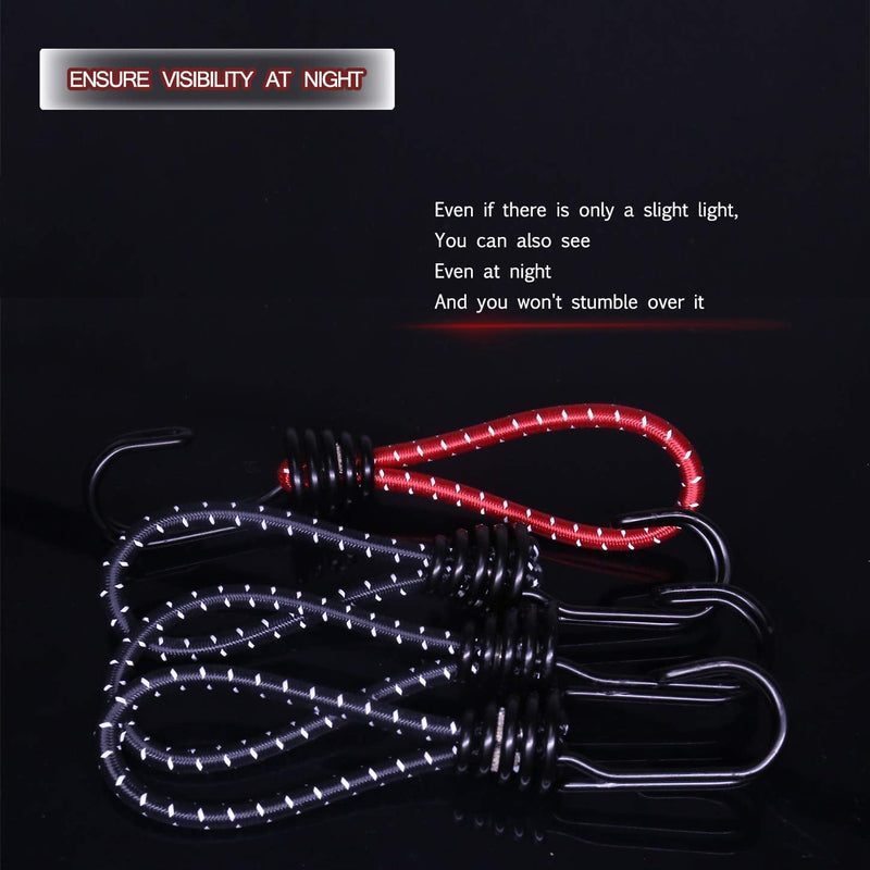 Hikeman 8 Pack 8mm Bungee Cord Hooks Black Anti-Rust Paint Spiral Wire Hooks with Separable Reflective Elastic Rope Heavy Duty Strapping Tape Hooks for Camping Trucks Boats (Black) - NewNest Australia
