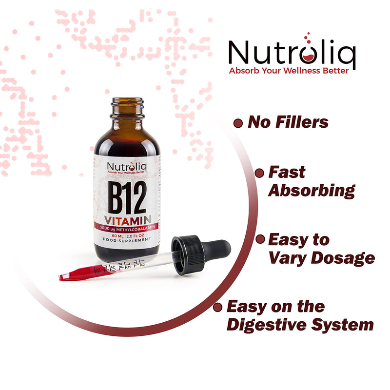 Nutroliq Vitamin B12 Liquid Drops - High-Strength 5000mcg Methylcobalamin Supplement - Energy Booster, Immune System Support, Better Concentration and Metabolism - Vegan & Vegetarian Formula - 60ml - NewNest Australia