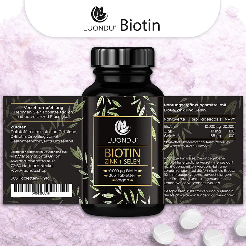 Biotin high dose - 10,000 mcg per tablet (365 vegan tablets 1 year) - Biotin Zinc Selenium Complex - Biotin for hair, skin and nails - NewNest Australia