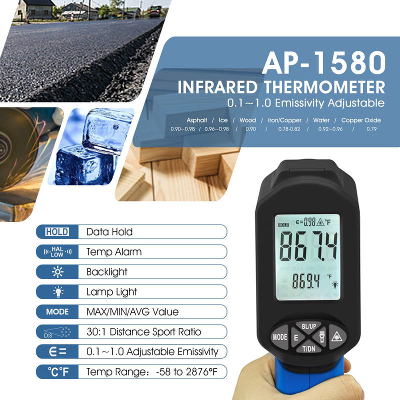 Aoputtriver Ap-1580 Infrared Thermometer, Temperature Range -58¬∞F To 2876¬∞F With Ds 30:1 High Temperature Thermometer With Adjustable Emissivity, Backlight For Hvac Pizza Ovens Ap-1580Ôºàblueôºâ - NewNest Australia