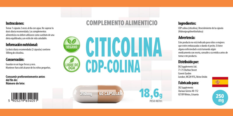 Citicoline CDP Choline 250mg 60 Vegan Capsules, Laboratory Tested, High Strength, No Fillers or Bulkers, No GMOs - NewNest Australia