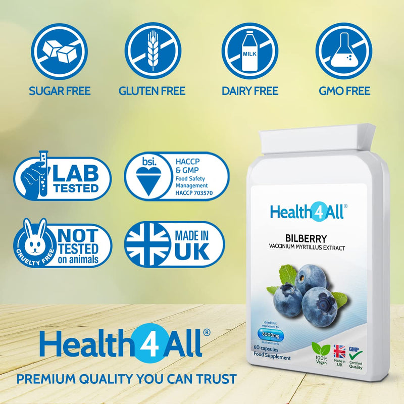 Bilberry Strong Extract 8,000mg 60 Capsules (V) . Vegan Capsules (not Tablets). Antioxidant for Eyesight. Made in The UK by Health4All. 60 Count (Pack of 1) - NewNest Australia