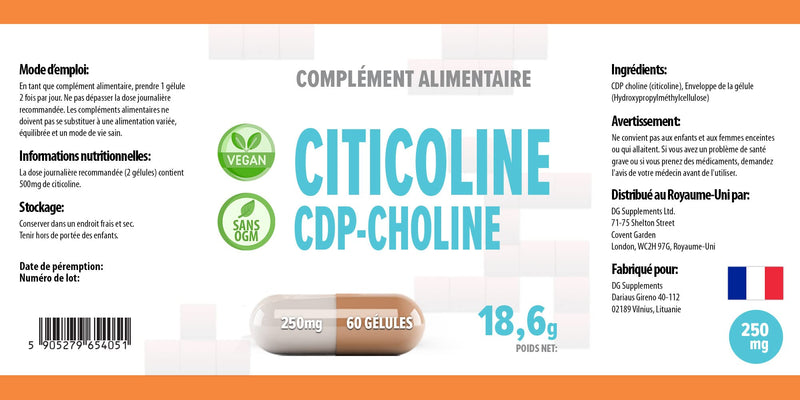 Citicoline CDP Choline 250mg 60 Vegan Capsules, Laboratory Tested, High Strength, No Fillers or Bulkers, No GMOs - NewNest Australia