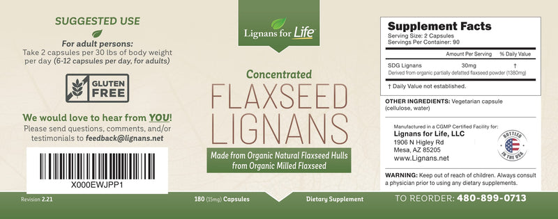 Lignans for Life 15mg Organic Flaxseed Lignans - Flaxseed Hulls + SDG Lignans from Flaxseed Hulls -180ct 15mg Capsules - NewNest Australia
