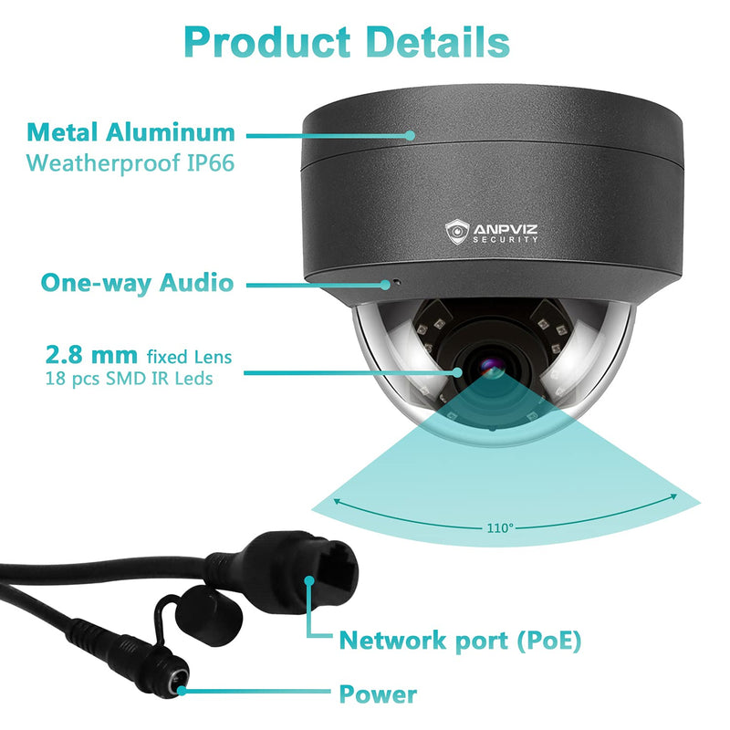 Anpviz 5MP H.265 IR Dome IP Camera PoE with Microphone, Audio, IP Security Camera Night Vision 98ft, Motion Alert, Weatherproof IP66 Indoor Outdoor Compliant, Wide Angle 2.8mm Grey with Audio - NewNest Australia