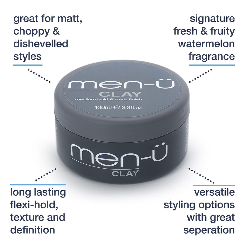 men-u hair CLAY 100ml, mens hair products – Great for matt, choppy and dishevelled styles. SIGNATURE WATERMELON FRAGRANCE - Mens hair wax w/medium hold & matt finish. Single walled 100ml styling puck - NewNest Australia