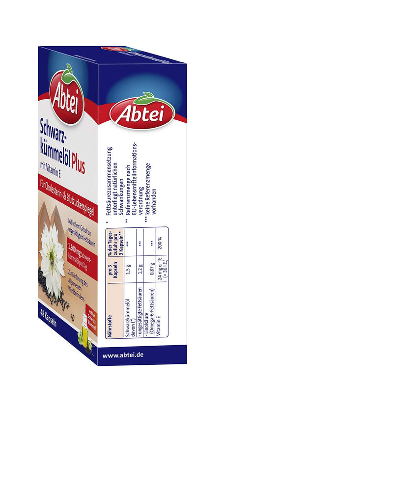 Abtei Black Cumin Oil Plus - with Vitamin E - Dietary Supplement for Cholesterol and Blood Sugar Levels - 1 x 48 Capsules 48 Pieces (Pack of 1) - NewNest Australia