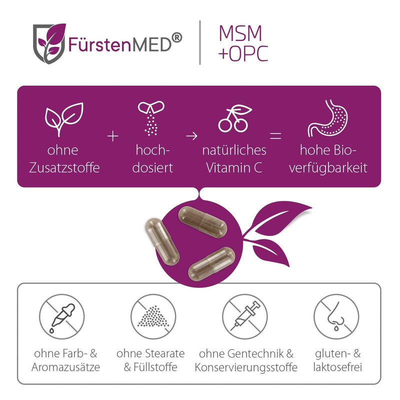 FürstenMED® MSM capsules - 1420mg MSM powder + OPC 427mg & vitamin C per daily dose - MSM capsules high dosage & vegan - high-quality organic sulfur - NewNest Australia