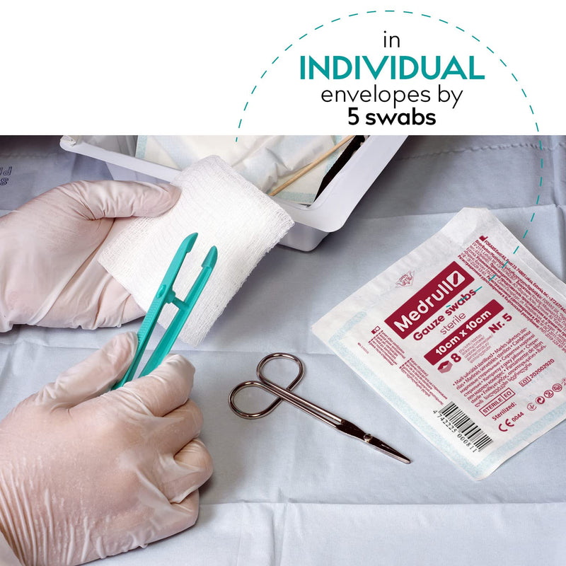 Medrull - Sterile Gauze Swabs, Pack of 100 (20 x 5 Pieces) 8-Ply, 10 cm x 10 cm, Absorbent Dressings, Bandage Material, Gauze Bandages, Wound Dressings 10x10 cm (100er Pack) - NewNest Australia