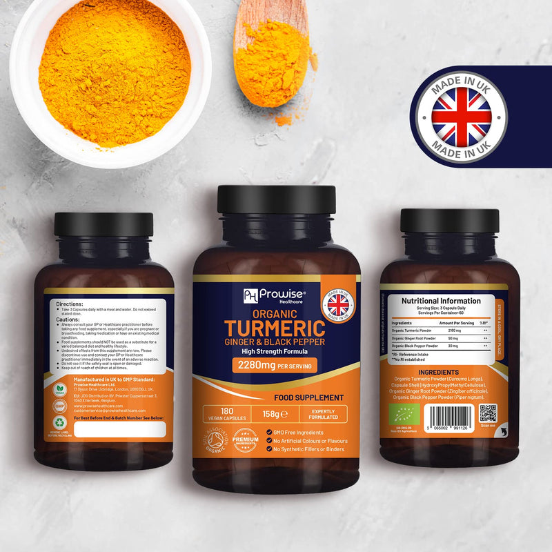 Organic Turmeric 2280 Mg (High Dose) With Black Pepper & Ginger - 180 Vegan Turmeric Capsules With The Active Ingredient Curcumin I Uk Made By Prowise Healthcare - NewNest Australia