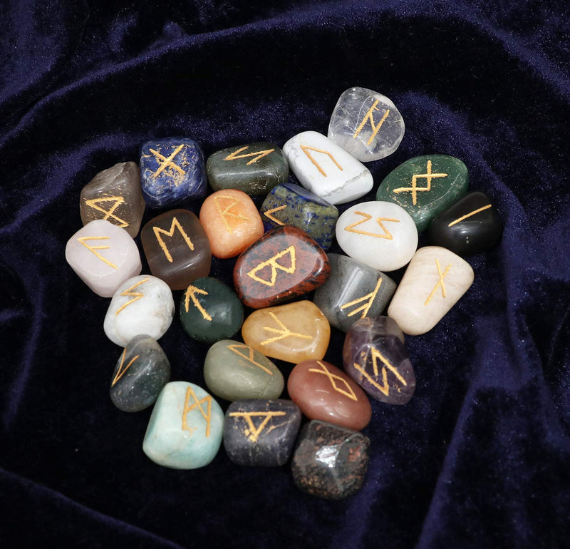 Crocon Mix chakra Rune tumble shape gemstone rune with Elder Futhark Alphabet Engraved | 25 pcs runes set | Crystal Divination Healing Chakra Reiki | with a pouch| Size : 25-30 mm - NewNest Australia
