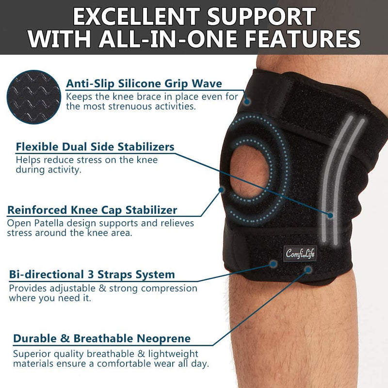 ComfiLife Knee Brace for Knee Pain Relief – Neoprene Knee Brace for Working Out, Running, Injury Recovery – Side Stabilizers – 3 Point Adjustable Compression – Open Patella Support,Non-Slip (Medium) Medium (Pack of 1) - NewNest Australia