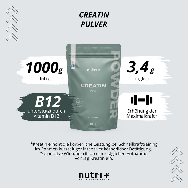 Creatine monohydrate 1 kg - creatine powder - 99.99% pure - high dosage, ultra-fine, vegan and neutral - Nutri + Creatine Powder Mono Mesh 200 without taste - premium quality - NewNest Australia