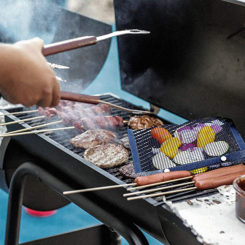 NewNest Australia - YBB 2 Pcs BBQ Grill Mesh Bag with 2 Pcs Silicone Brush, Non-Stick Large BBQ Baked Grilling PTFE Bag Heat-Resistant Reusable Easy to Clean Mesh Backing Bag for Outdoor Picnic Cooking Barbecue 2pcs L 