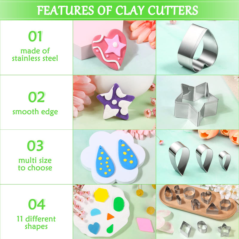 Polymer Clay Cutters Set, 27 Pcs 11 Shapes Clay Cutter Tools Kit Stainless Steel with Clay Molds Earring Hooks Holder Cards Bags Jump Rings Earring Backs for Polymer Clay Jewelry Making - NewNest Australia