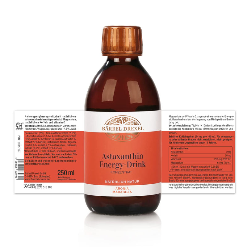 BÄRBEL DREXEL® Astaxanthin Energy Drink Aronia/ Passion Fruit 2mg + Caffeine (250ml) 100% Vegan Production Germany Vitamin C Magnesium Haematococcus Pluvialis - NewNest Australia