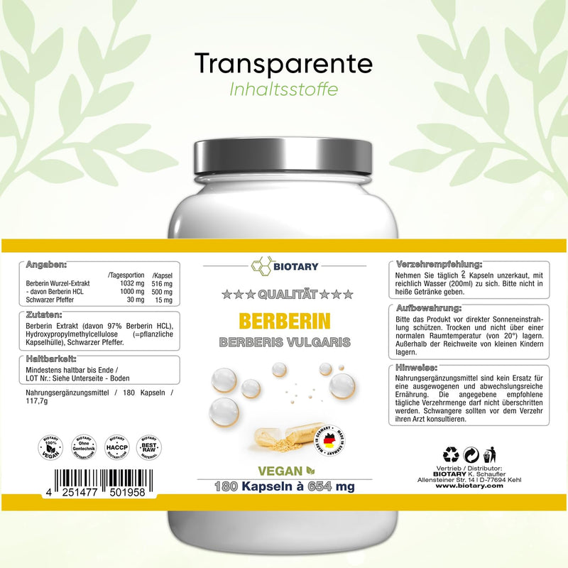 Berberine 1000 mg daily portion, 3 months supply, 180 capsules, including pill box, high-dose premium quality, vegan and natural from 97% Berberis Vulgaris, without magnesium stearate 180 pieces (pack of 1) - NewNest Australia