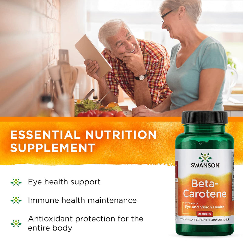 Swanson Beta-Carotene Vitamin A 25000 IU Skin Eye Immune System Health Antioxidant Support 7500 mcg 300 Softgels Count 1 - NewNest Australia