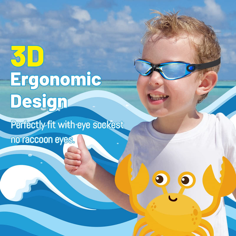 Braylin Kids Swim Goggles, 2-Pack Swimming Goggles for Children, Teens, Boys or Girls, Anti-Fog Clear Vision Swim Pool Goggle 01.black(ultra Mirror Lens) + Blue(ultra Mirror Lens) - NewNest Australia