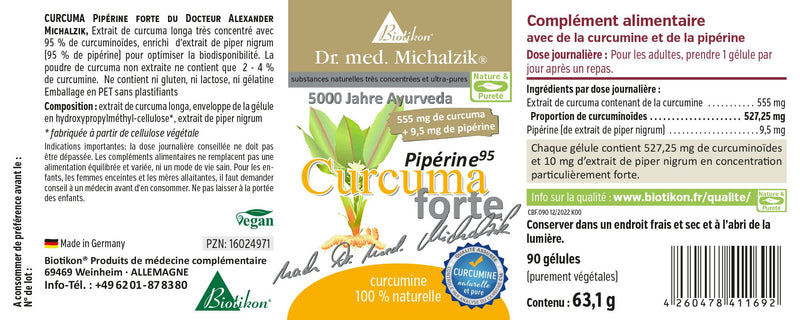 Curcuma Piperin forte Dr. med. Michalzik - high curcumin content - 527.25 mg curcuminoids - 10 mg piperine extract (95% piperine) per capsule - 90 capsules - PURELY NATURAL proven C14 ISOTOP ANALYSIS - from BIOTIKON® - NewNest Australia