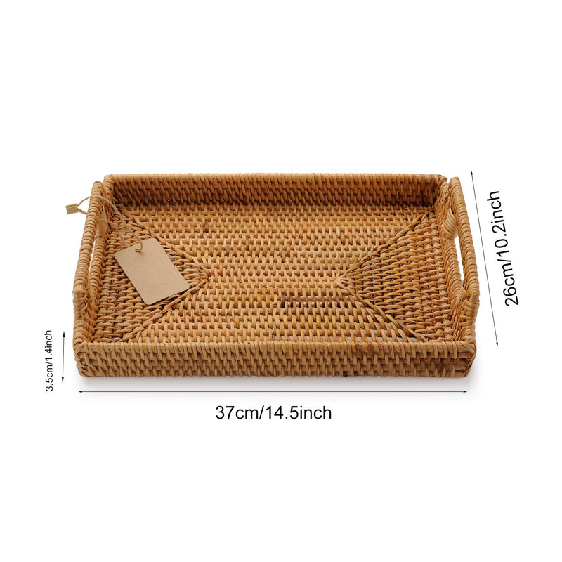 NewNest Australia - DECRAFTS Hand-Woven Rattan Rectangular Serving Tray with Handles for Breakfast, Drinks, Snack for Coffee Table (14.5x10.2x1.4inches) 14.5x10.2x1.4inches 