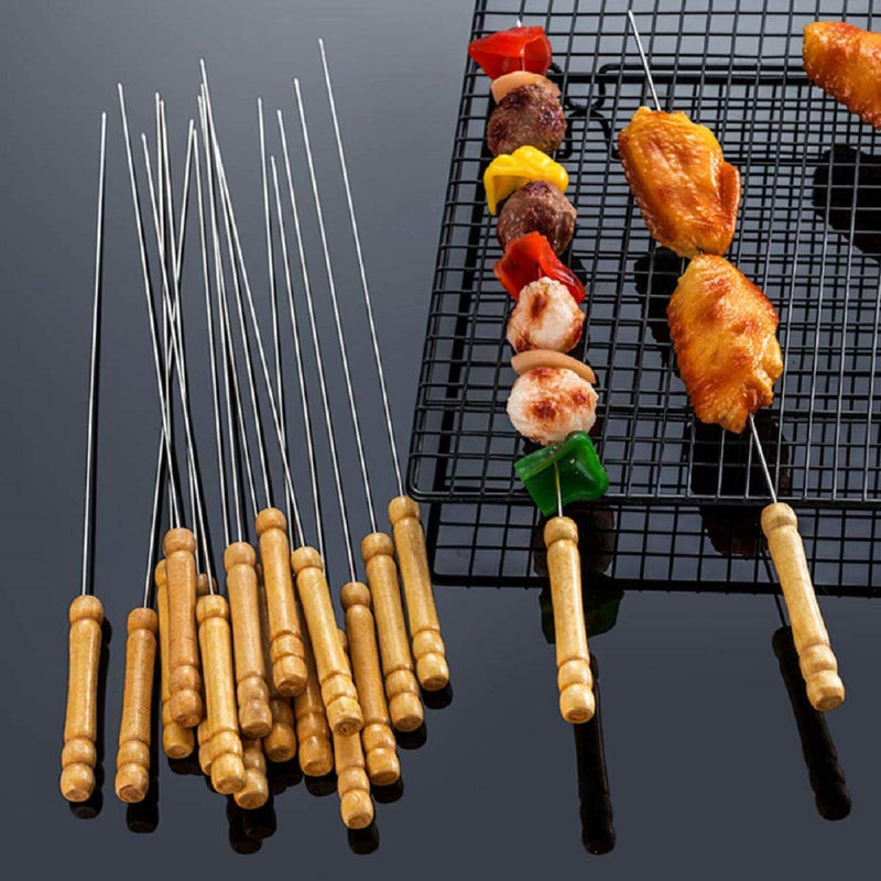 NewNest Australia - HAKSEN 12 PCS Barbecue Skewers with Wood Handle Marshmallow Roasting Sticks Meat Hot Dog Fork Best for BBQ Camping Cookware Campfire Grill Cooking, Stainless Steel Silver 