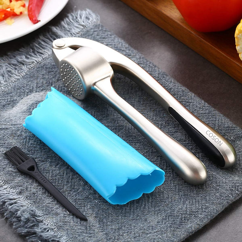 NewNest Australia - Garlic Press Mashed Garlic Crusher Peeler Chopper Garlic Puree Maker with Silicone Tube Roller and Cleaning Brush,Zinc Alloy Heavy Soft-Handled (Zinc Alloy) Zinc 