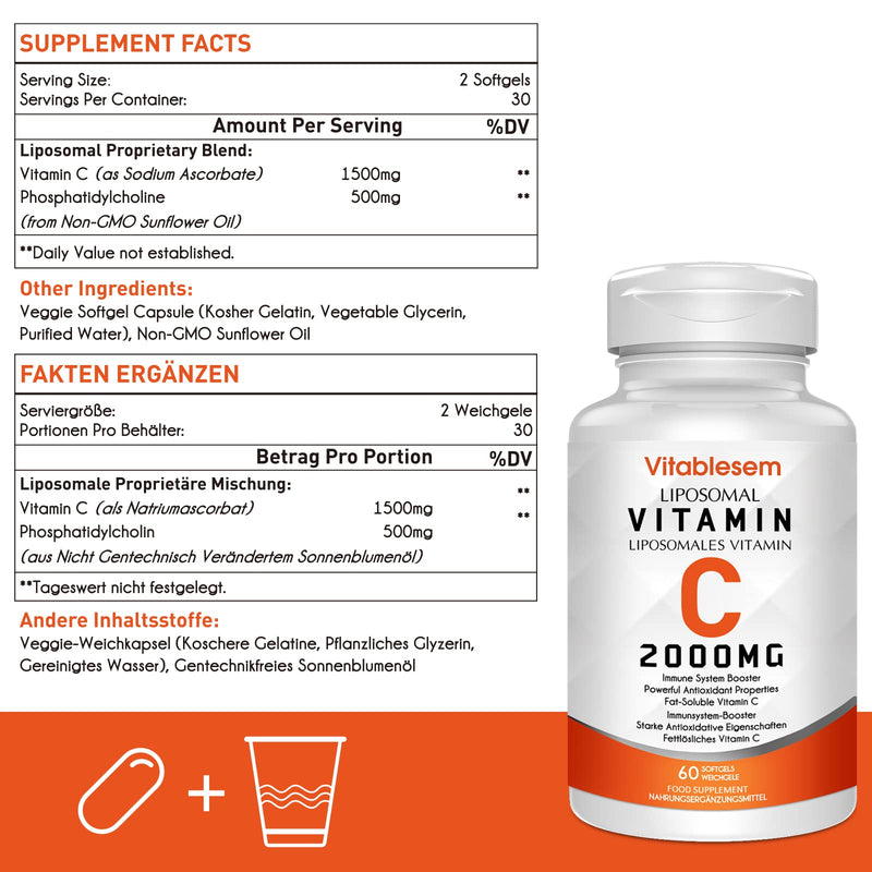 Liposomal Vitamin C Capsules 2000MG - High Strength Gluten Free & Vegan Ascorbic Acid - Immune Support Antioxidant Supplement - Non-GMO 60 Count (Pack of 1) - NewNest Australia