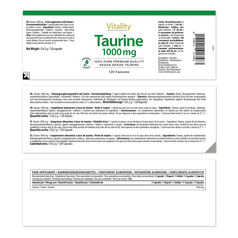 Taurine 1000 Mg, 120 Capsules For 4 Months. Taurine High Dose With 1000 Mg Pure Taurine Per Capsule. Free From Lactose, Soy, Gluten And Yeast. Vegan. Vitality Nutritionals By Vitaminexpress - NewNest Australia