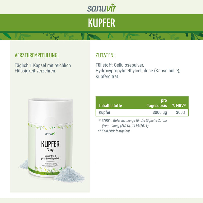 Sanuvit® - Copper 3 mg | 180 capsules | Quality from Austria | High-dose copper citrate with 3 mg of high-quality copper per capsule | High bioavailability | Vegan - NewNest Australia