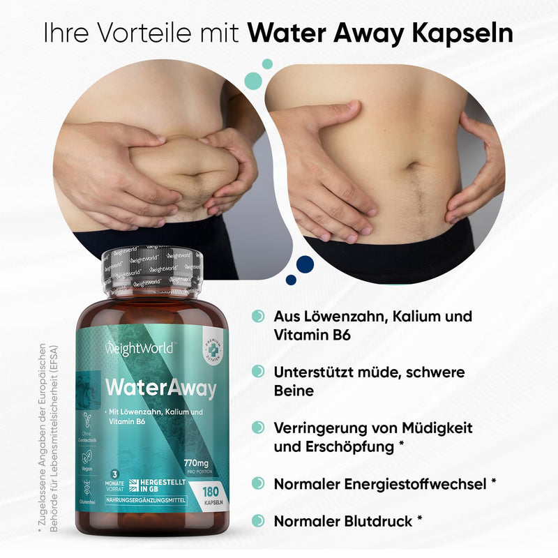 Water Away capsules - metabolism formula with apple cider vinegar, green tea, dandelion, potassium - 180 vegan drainage capsules for 3 months - alternative to nettle drainage tablets - WeightWorld - NewNest Australia