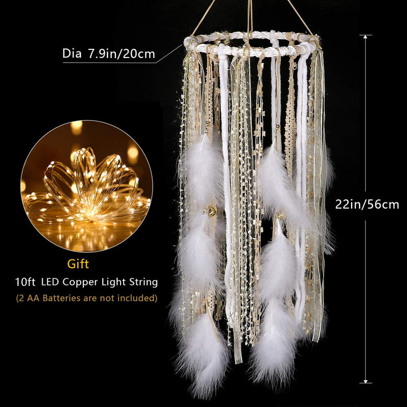 NewNest Australia - Dream Catcher Mobile Large Light Up Dream Catchers with Golden Shining Lace& Bells LED Fairy Lights Battery Powered Hanging Ornaments- 7.9Wx 22L Inches Feathers Wedding Boho Decorations Nursery Decor 