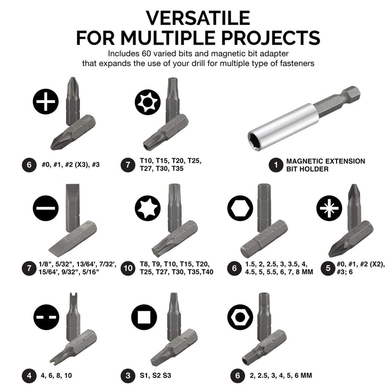 HILTEX 10060 1/4" Security Bit Set | 61 Piece | Hex Shank Screwdrivers | Includes Magnetic Extension Bit | For Electric and Ratchet Screwdrivers | Cr-V Steel - NewNest Australia